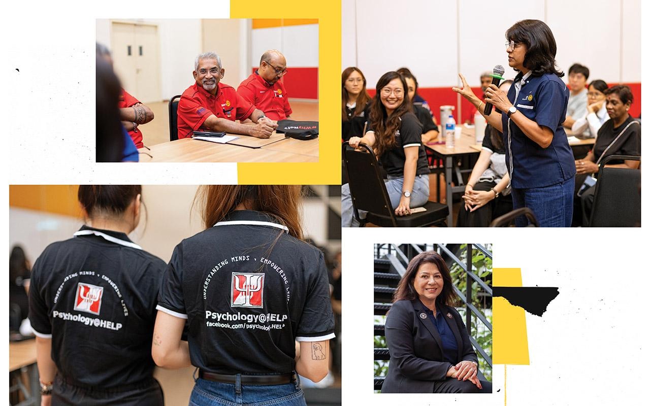 Collage featuring people at a meeting, a person speaking to a group, volunteers wearing organization shirts, and a seated portrait.