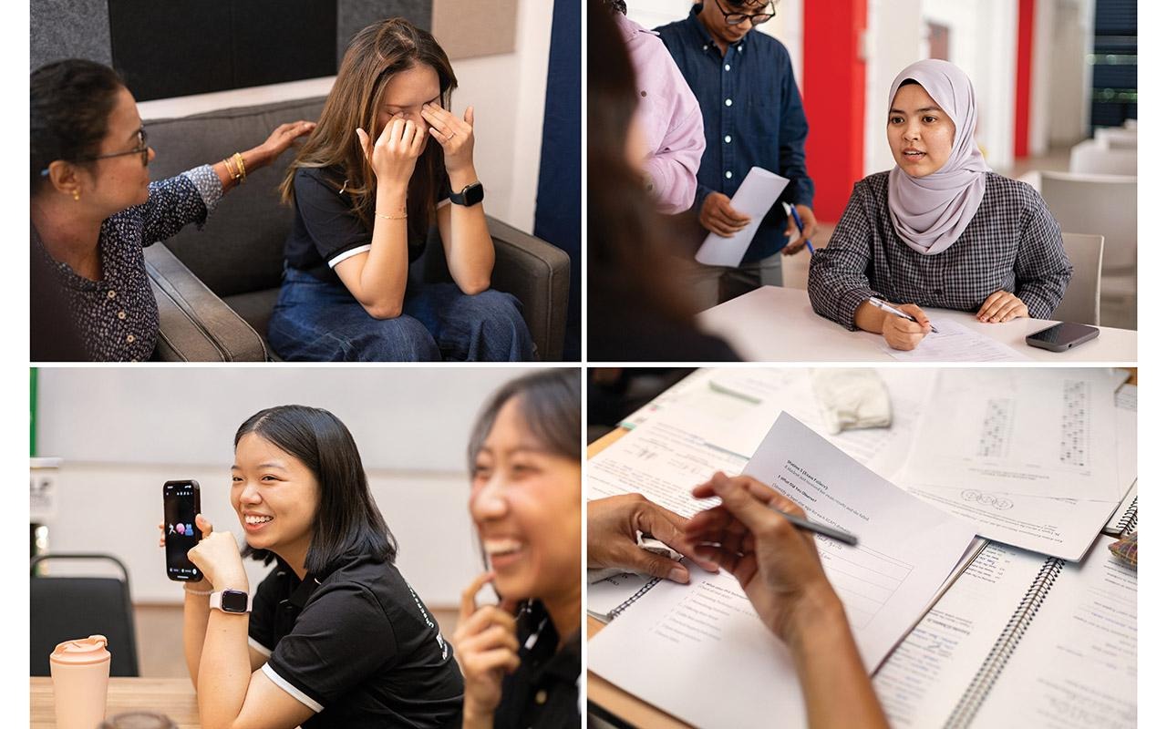 Collage of four office scenes showing people in conversation, meeting, phone call, and reviewing documents at a desk.