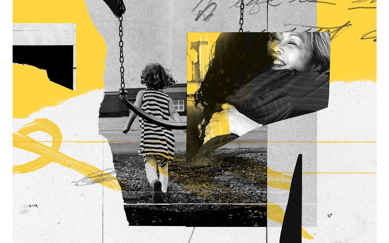 Collage featuring a child walking outdoors and abstract black-and-yellow graphic elements on a textured background.