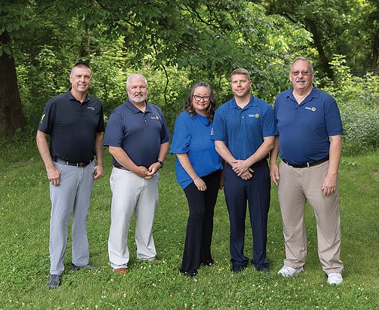 Rotary Club of Logan, Ohio members Damon Kuhn, Chad Grow, Sherry Kilbarger, Andrew McGhee, and Jim Robinson.