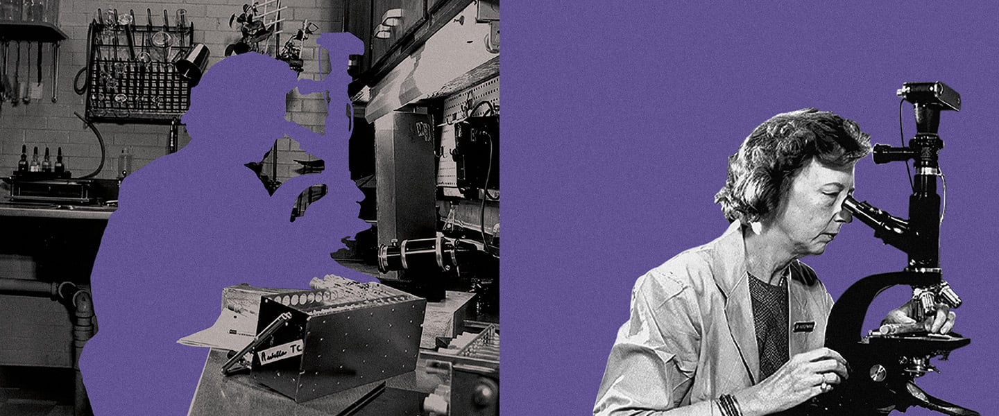 Dr. Dorothy Horstmann working in her lab at Yale in the 1970s and in a 1979 photograph.