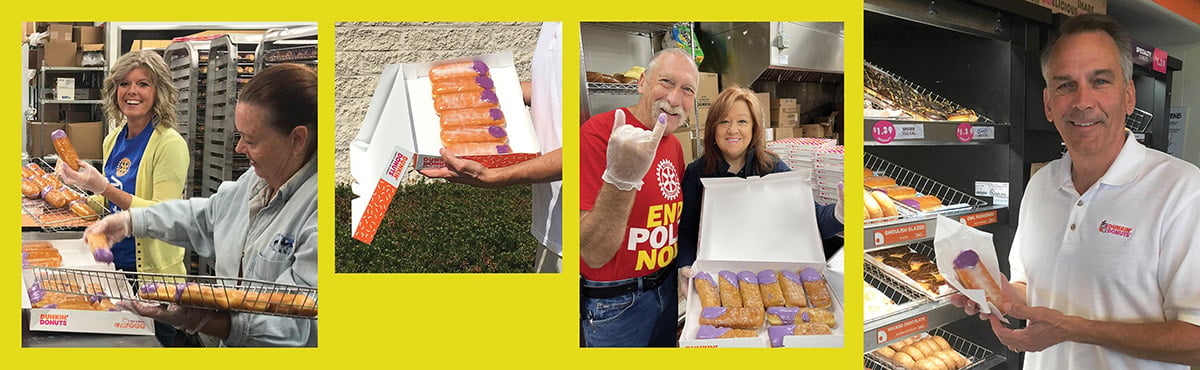 Collage showing volunteers packaging and distributing food, with people holding boxed meals and bread in a grocery setting.