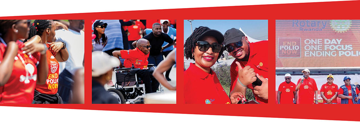 Collage showing people wearing red shirts at a community event, performing music, posing together, and standing beside a "One Day. One Focus: Ending Polio" display.