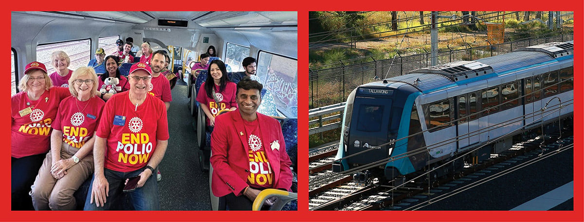 People wearing End Polio Now shirts riding on a bus and a blue passenger train traveling on railway tracks.