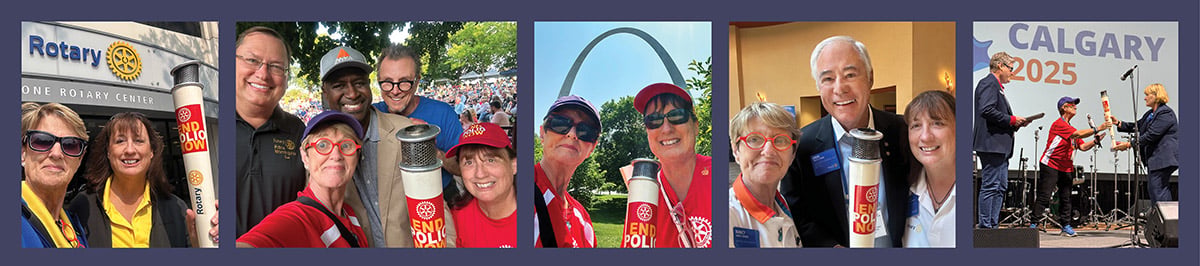 Collage showing people holding End Polio Now signs and torches, posing for photos, and standing on a stage at Calgary 2025.
