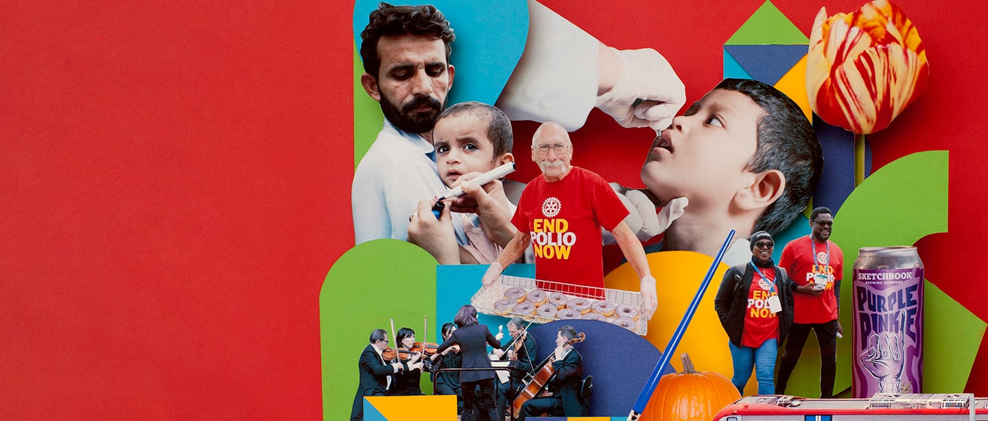 Collage of people, including a child and a person wearing a red “END POLIO NOW” shirt, with Rotary members below.
