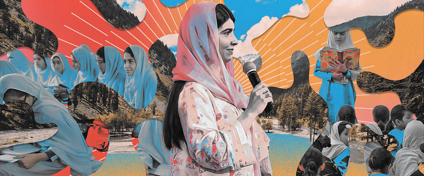 Illustration of Malala Yousafzai with school aged children by Máximo Tuja.