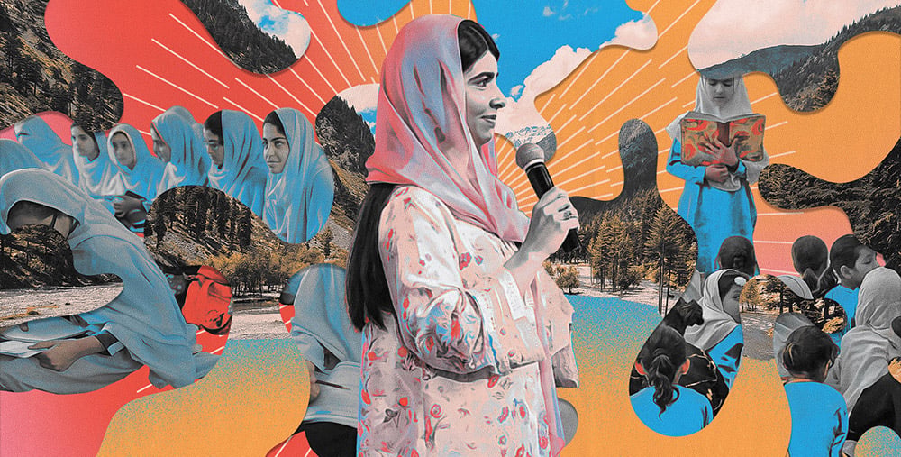 Illustration of Malala Yousafzai with school aged children by Máximo Tuja.