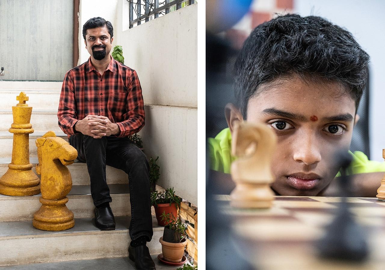 Split image showing a person seated beside oversized chess pieces and a person looking across a chessboard.