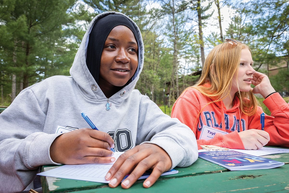 Participants jot down reflections during an activity that teaches about different leadership styles.