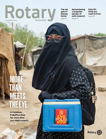 October 2026 Rotary magazine cover - featuring a female PolioPlus vaccine worker, with “Rotary” at the top and the title “More than meets the eye.”