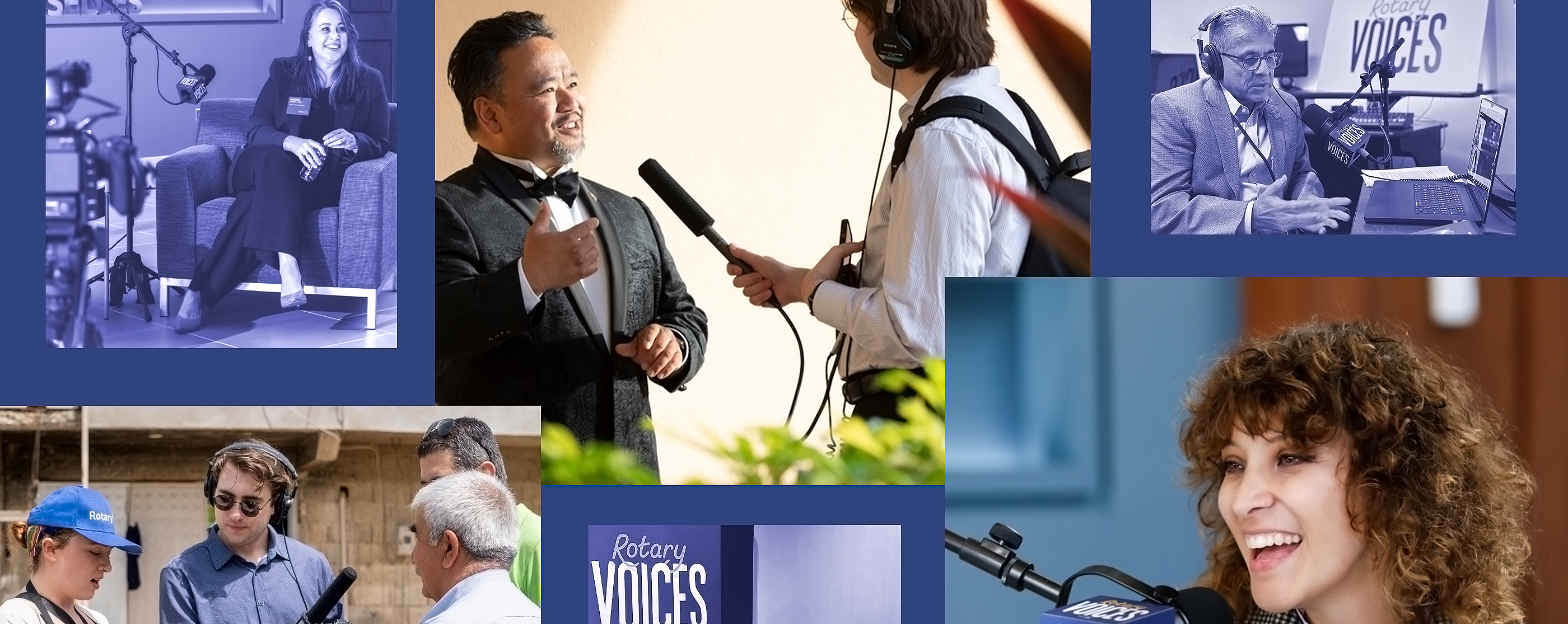 Collage of people speaking into microphones and recording audio in interview and studio settings.