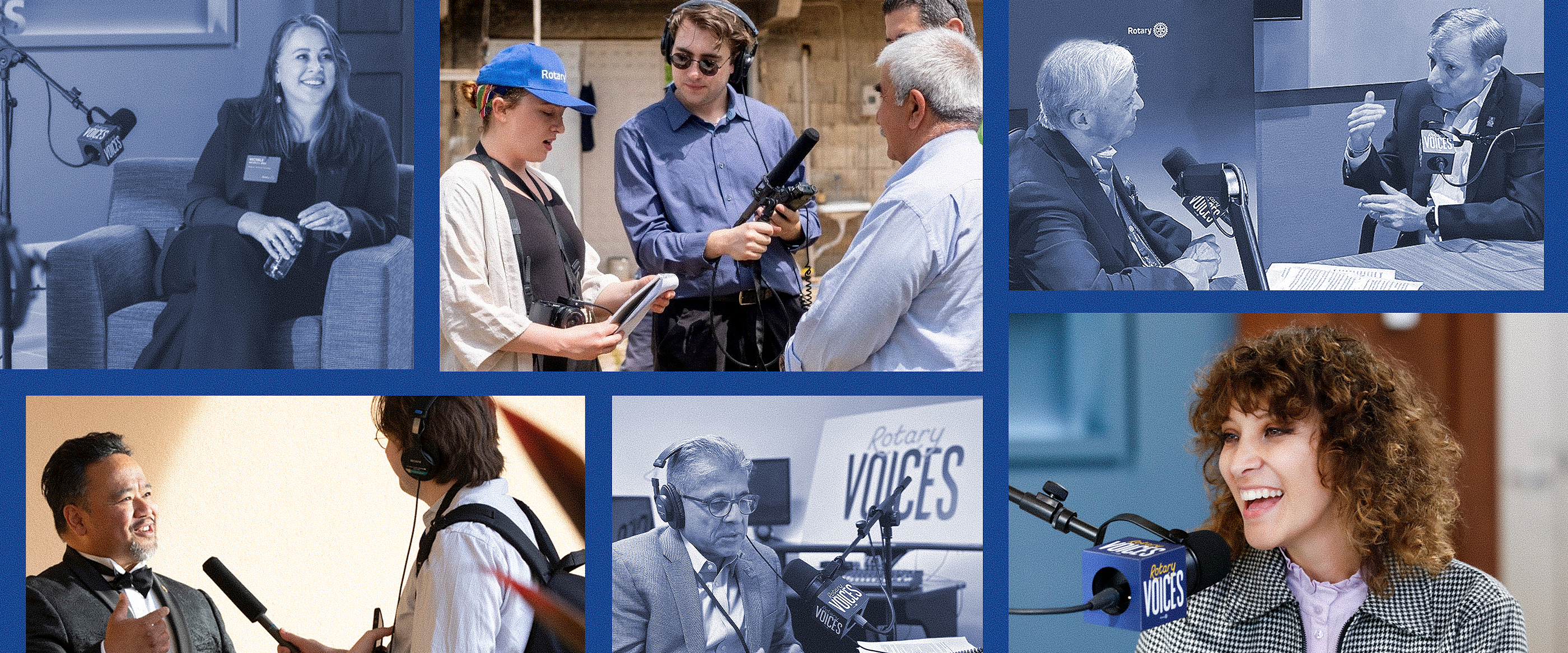 Collage of people speaking into microphones and recording audio in interview and studio settings.