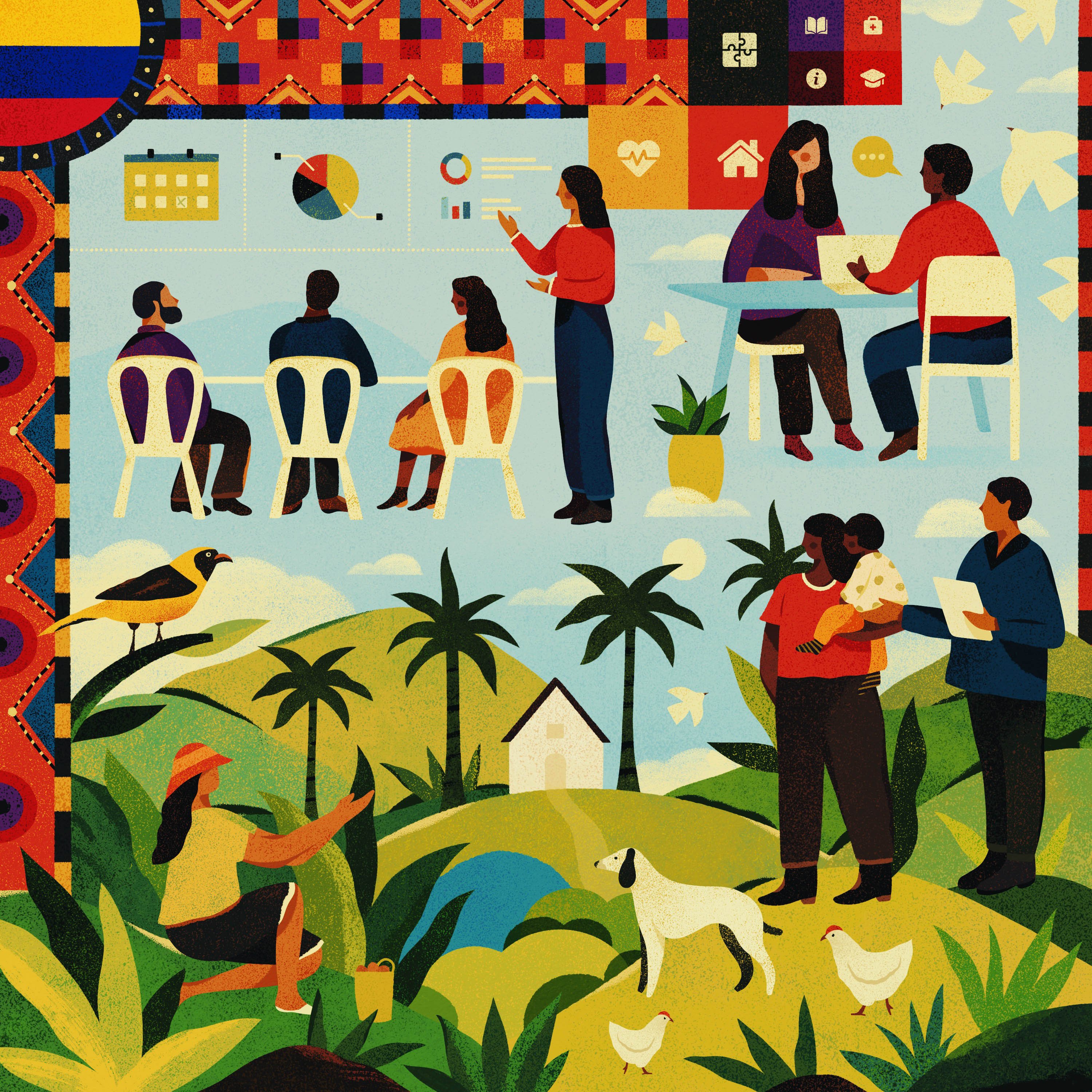 Escenas ilustradas en las que se ve a personas trabajando en el campo, cuidando a un niño y presentando gráficos, con íconos de salud, hogar y educación en la parte superior.