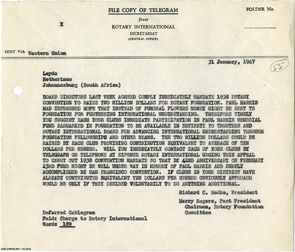 1947年1月31日付の、ロータリー財団への寄付について言及したタイプ打ちのメッセージが記載された文書。