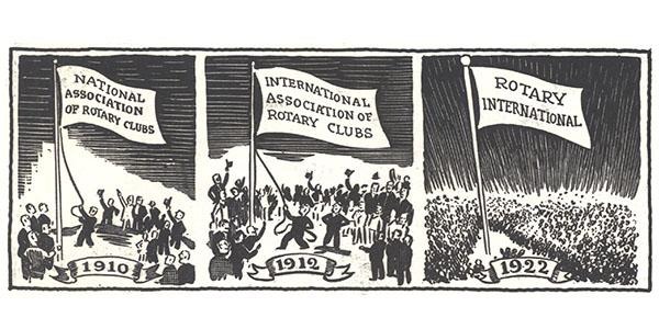 Trois panneaux illustrés montrent des foules rassemblées sous des banderoles portant les inscriptions « Association nationale des Rotary clubs 1910 », « Association internationale des Rotary clubs 1912 » et « Rotary International 1922 ».
