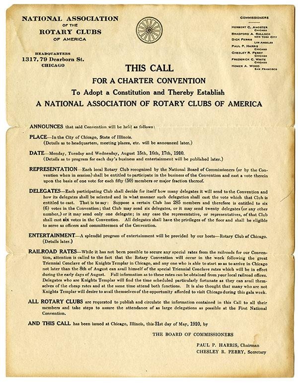 Documento que solicita a convocação de uma Convenção para a elaboração do estatuto da Associação Nacional de Rotary Clubs, 31 de maio de 1910.