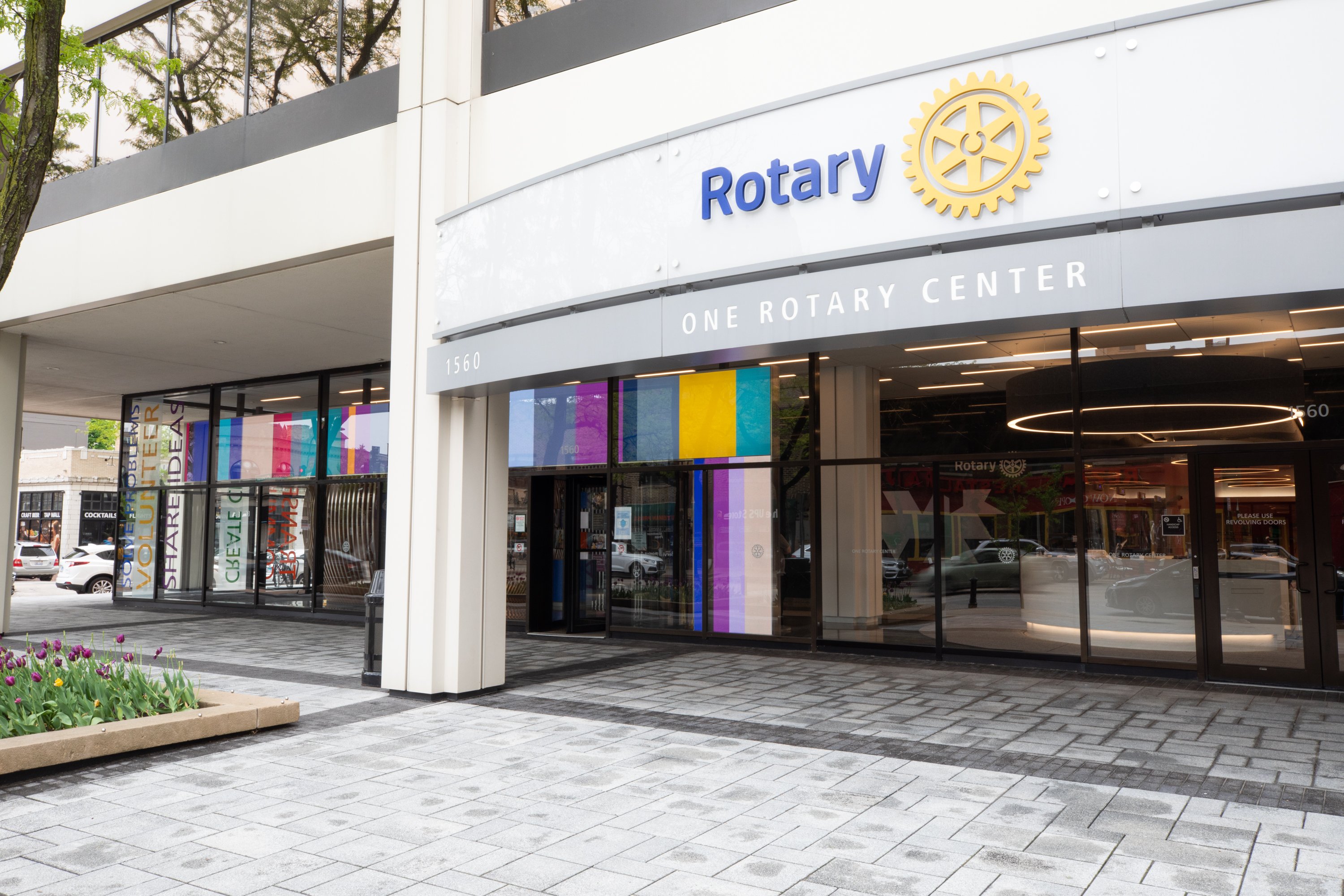 Entrance to Rotary International headquarters at the One Rotary Center building.