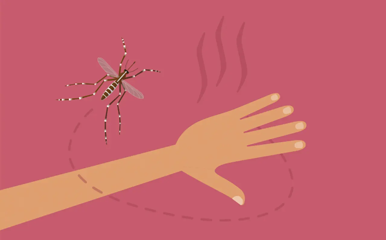 Imagen ilustrada de un mosquito volando alrededor de un brazo