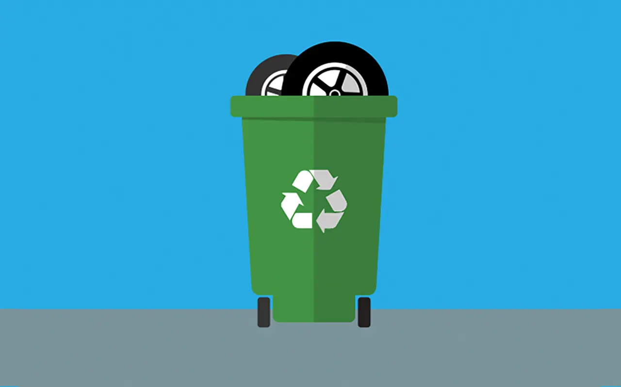 Illustriertes Bild von Reifen in einer grünen Recyclingtonne