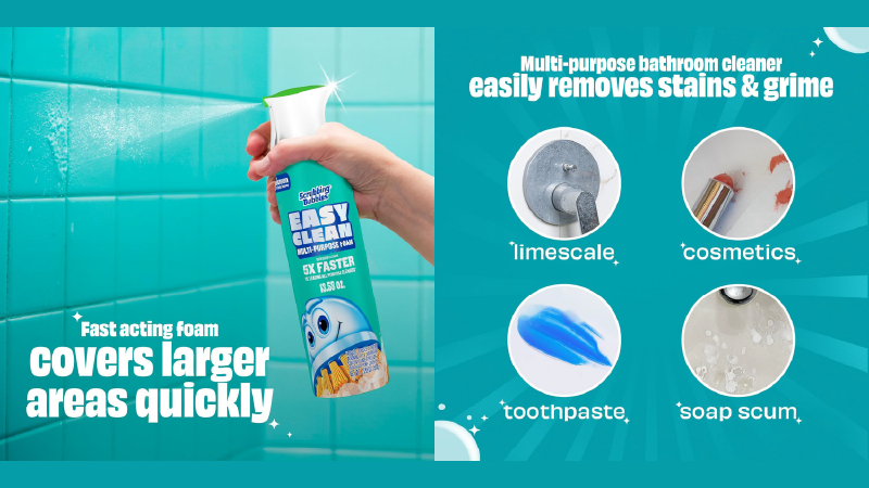 Shower cleaner in a teal bathroom