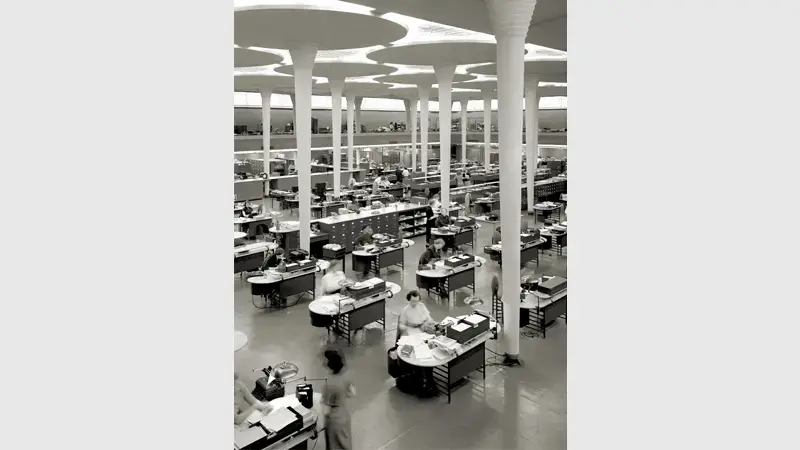 The distinctive "Lily Pad" support columns, interior of the SCJohnson global headquarters in Racine, WI