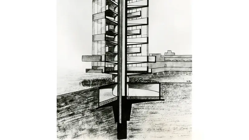 A sketch of the SC Johnson Research Tower showing the interior structure