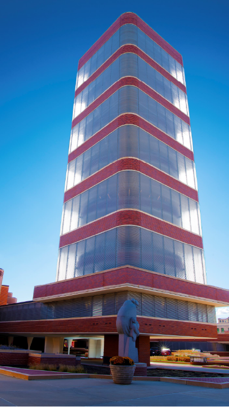 Research tower with blue sky behind it