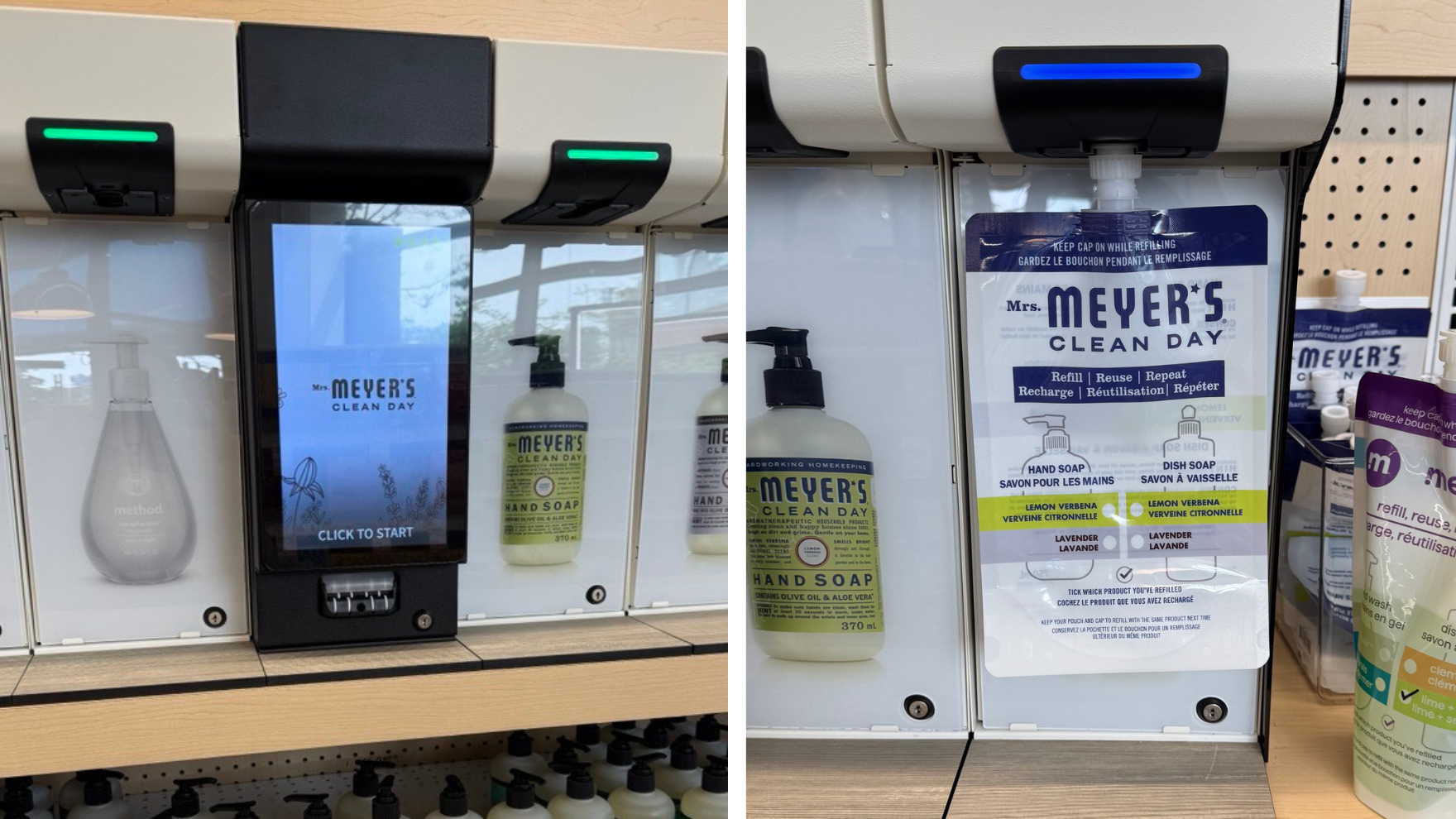 Refill soap machine for Mrs. Meyer's Clean Day bottle and bag refill.
