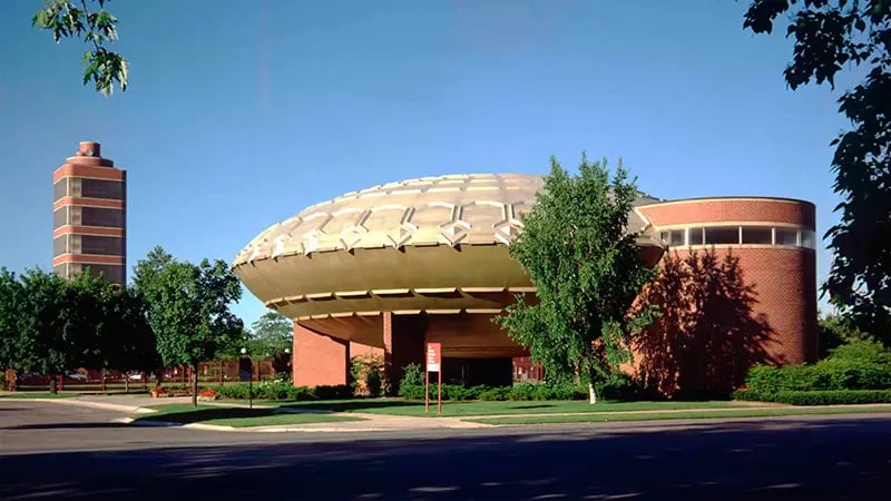 The Golden Rondelle Theater sits at the entrance to the SCJohnson global headquarters campus in Racine, WI