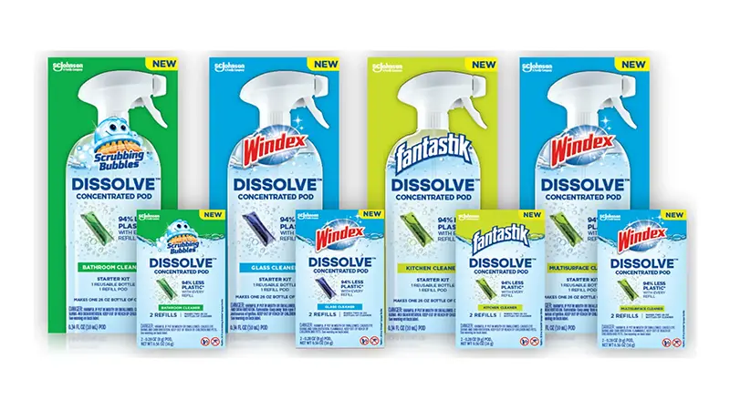 An assortment of SCJohnson products with corresponding DISSOLVE™ Concentrated Pods