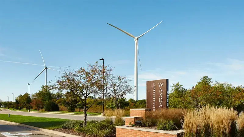 SC Johnson manufacturing facility called “Waxdale" with two wind turbines