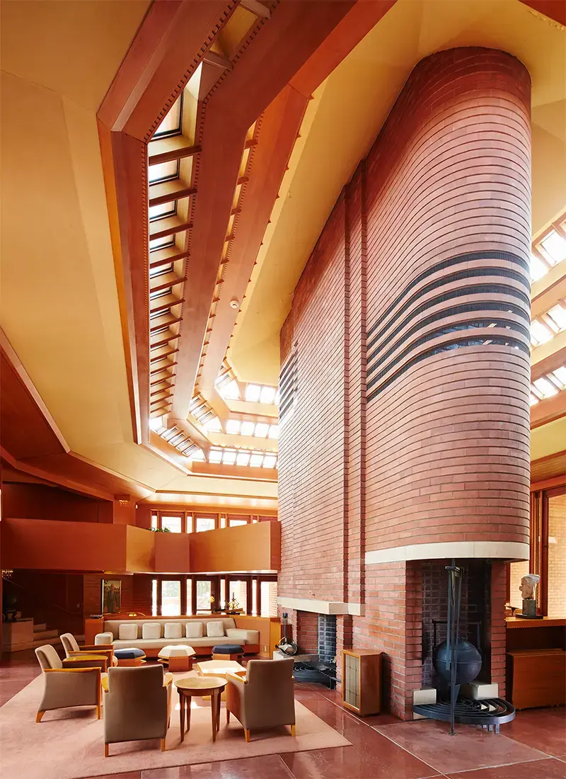 Interior photo of H.F. Johnson, Jr.’s “Wingspread” home designed by Frank Lloyd Wright