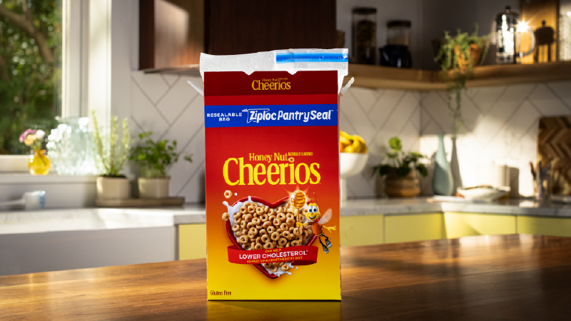 A box of cereal on a kitchen counter