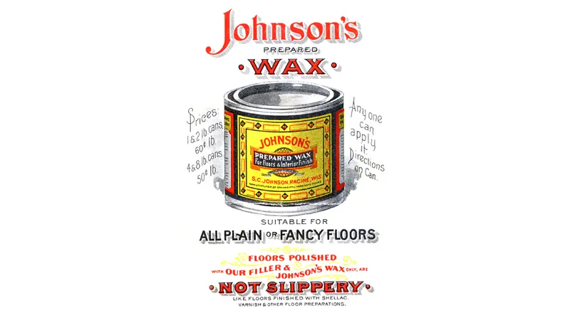 Tin of Johnson's wax, promoting non-slippery floor polish.