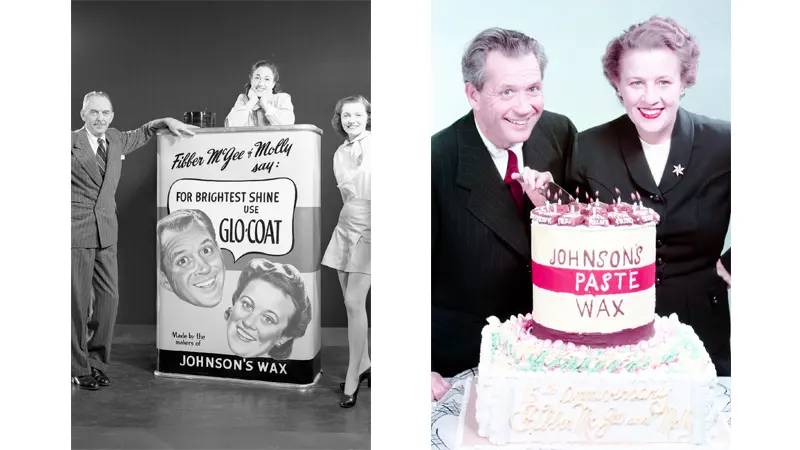 Two people smile, cutting a cake resembling wax canister.