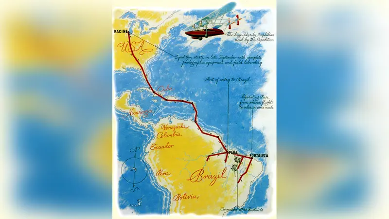 Plane flies over map of Americas; red path marked.