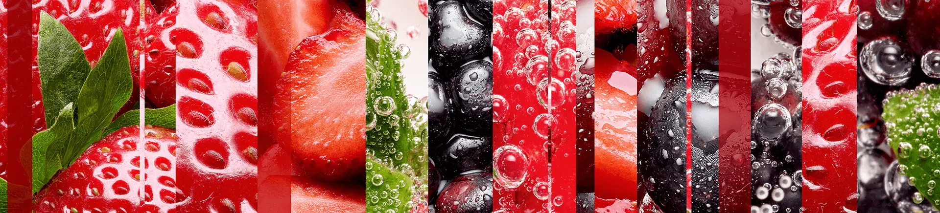 Slices of various berries and citrus fruits are shown up close, interspersed with bubbles, creating a vibrant and refreshing mosaic. The background consists of overlapping, colorful fruit textures.
