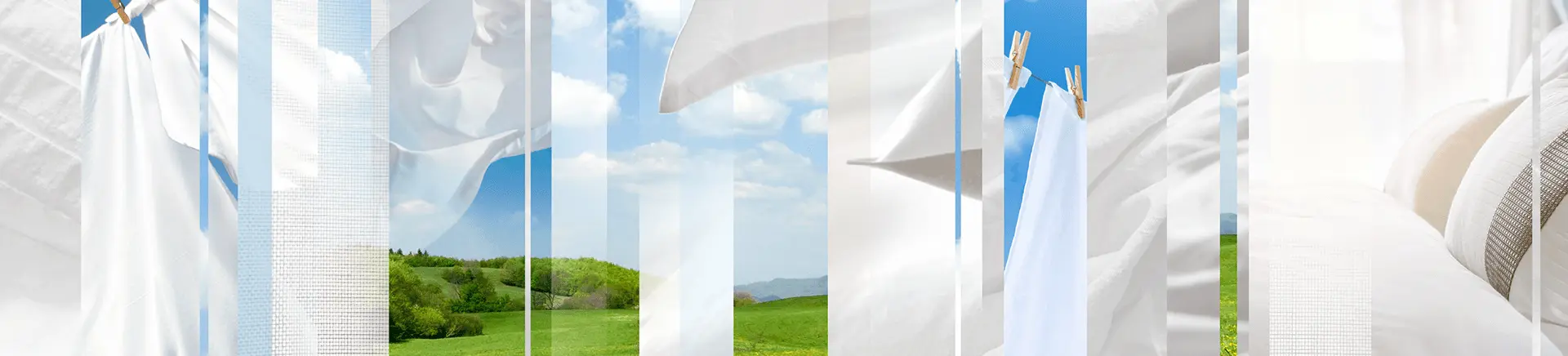 White sheets hanging from clothespins flutter in the breeze against a backdrop of rolling green hills and blue sky, interspersed with sections of textured fabric patterns.