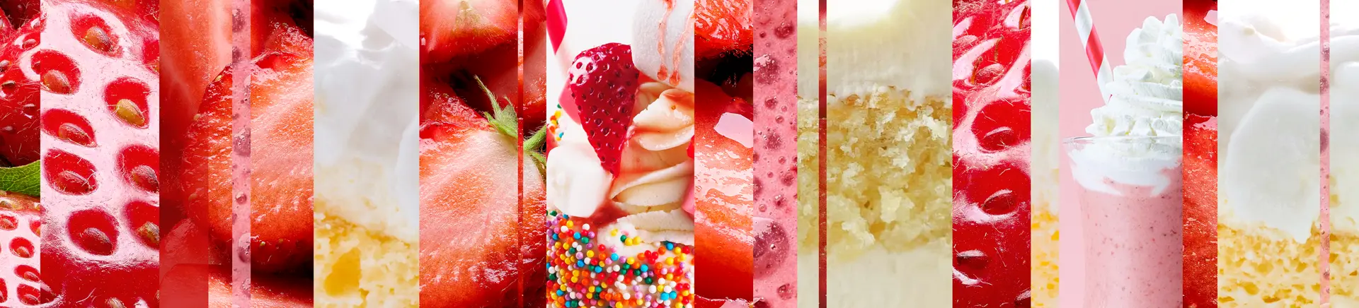 Slices of strawberries, whipped cream, cake, sprinkles, and milkshake glasses create a vibrant collage of desserts against a bright background, highlighting their textures and colors in a playful manner.