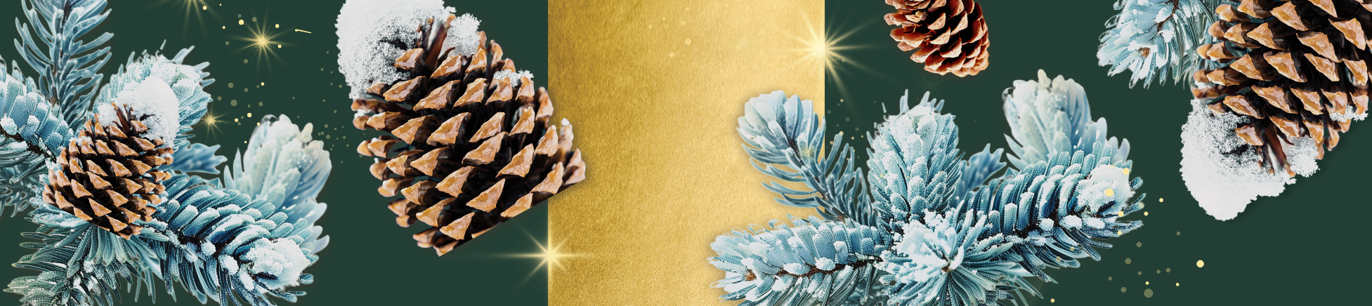 Tree branches and logs are segmented into vertical strips, showing snow-dusted evergreen needles, cut logs with visible rings, and twinkling lights, creating a wintery and festive atmosphere.