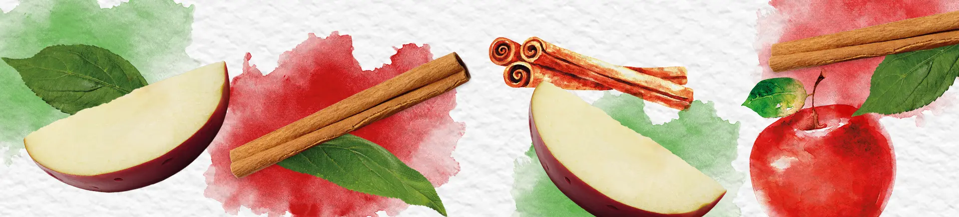 Slices of red apples and cinnamon sticks, interspersed with dynamic close-ups, create a collage of textures and colors, set against a vibrant, abstract background.