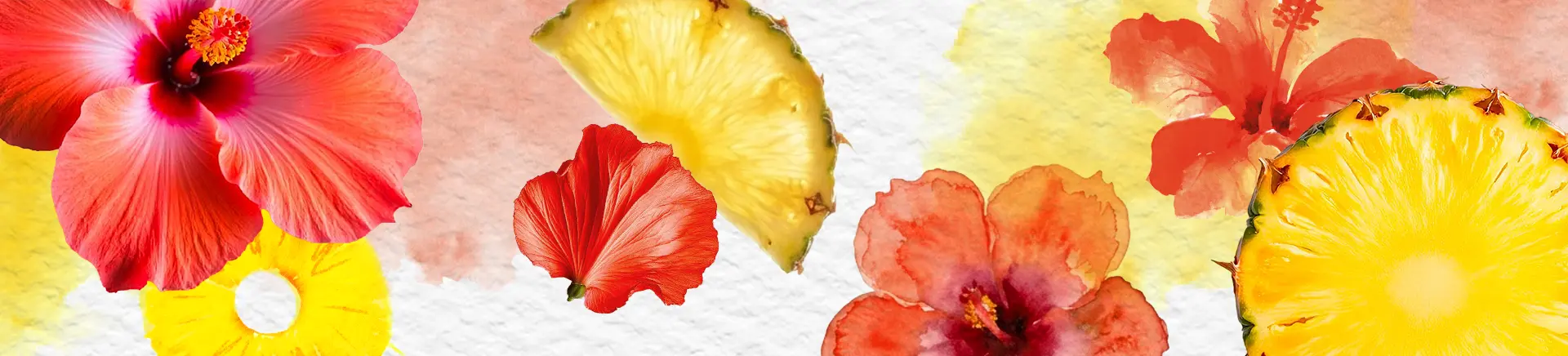 Pineapple and hibiscus are sliced vertically in overlapping strips, displaying textures and colors. The vibrant yellow pineapple contrasts with the deep red hibiscus against a neutral background.