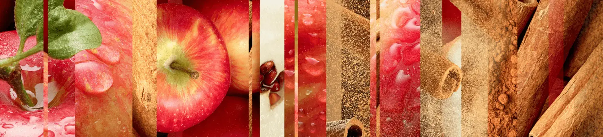 Slices of red apples and cinnamon sticks, interspersed with dynamic close-ups, create a collage of textures and colors, set against a vibrant, abstract background.