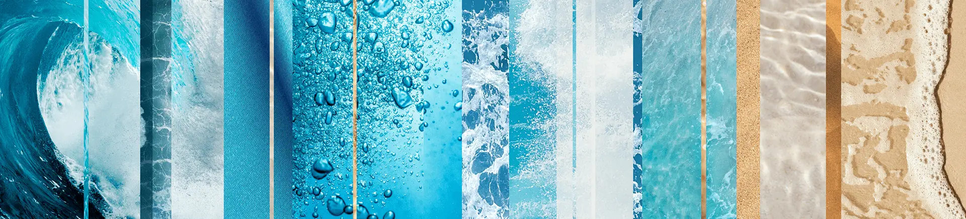Vertical strips of diverse aquatic textures display crashing waves, bubbling water, ripples, clear ocean water, and sandy shores. The composition highlights various aspects of water and coastline interactions.