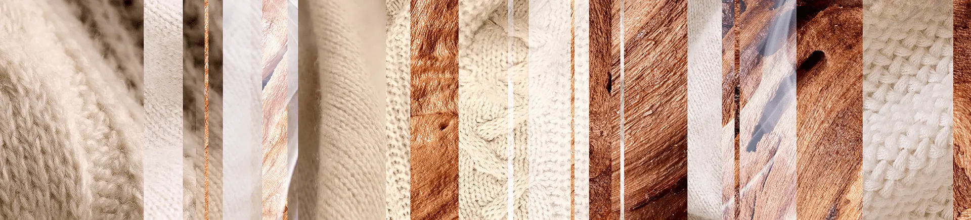 Vertical strips alternate between close-up textures of knitted wool and wood grain patterns, creating an abstract, woven visual collage effect. The elements are arranged in an overlapping order.