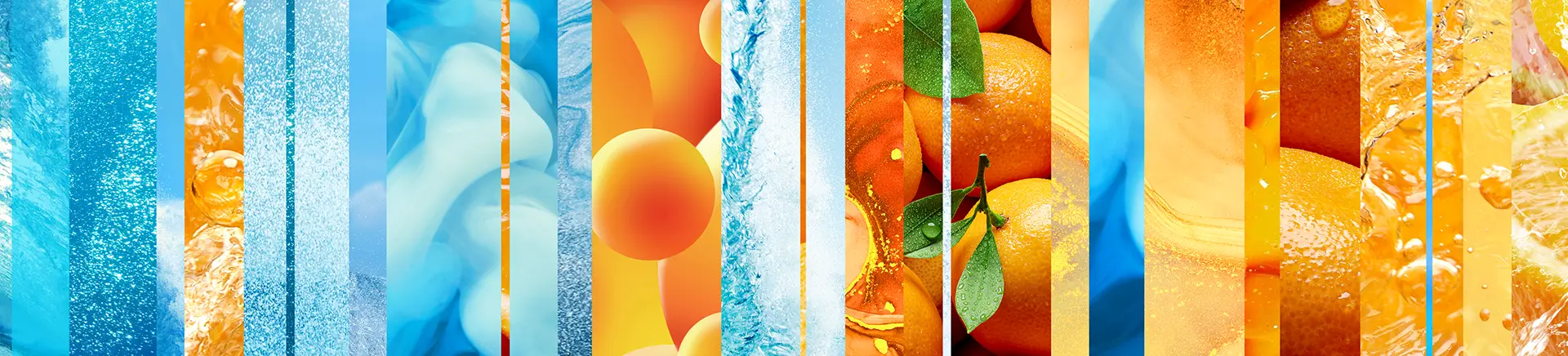 Colorful vertical strips display abstract combinations of blues, oranges, and textures, depicting water, bubbles, and oranges with leaves, suggesting a refreshing, vibrant blend of nature and fluid motion.
