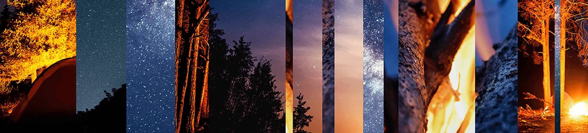A series of vertical image strips depict a nighttime camping scene with a tent, starry sky, silhouetted trees, and a campfire, creating a dynamic, visually captivating mosaic.