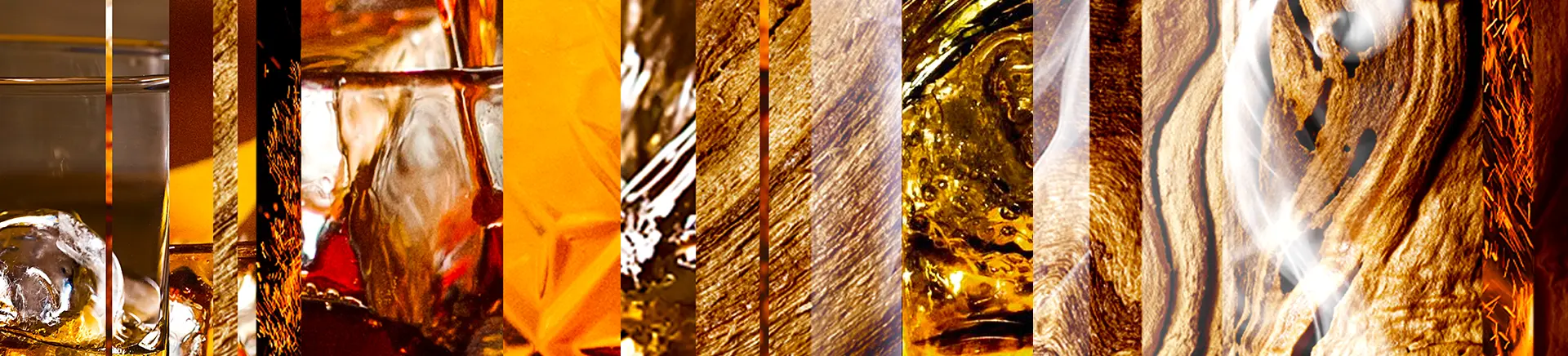 Alternating vertical stripes showcase textures: ice in a glass, amber liquid, wood grain, swirling gold, and smoky patterns. Each texture creates a visually dynamic, close-up collage in warm tones.