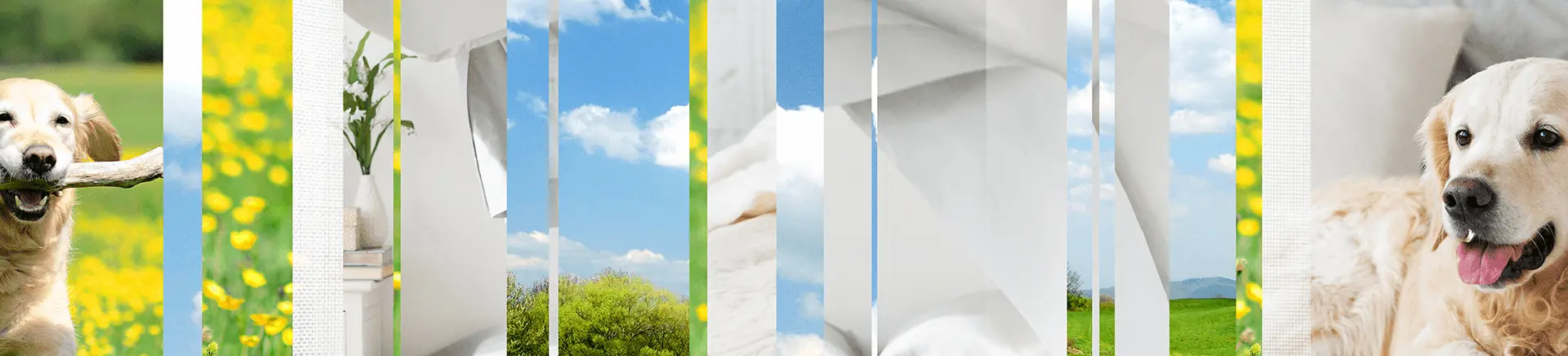 White sheets are hanging and billowing in the breeze against a backdrop of a blue sky with clouds. Below are green hills, creating a serene, sunny outdoor scene.